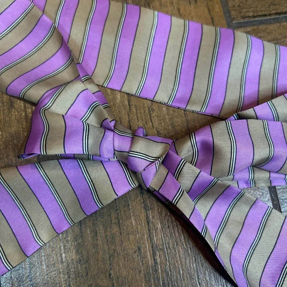 Symphony Scarfs Lilac Purple and Tan Vintage Striped 100% Silk Bow Tie
